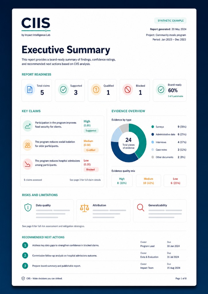Synthetic executive summary in CIIS: cover uses typographic CIIS with ‘by Impact Intelligence Lab’; inner page shows readiness, claims and evidence overview
